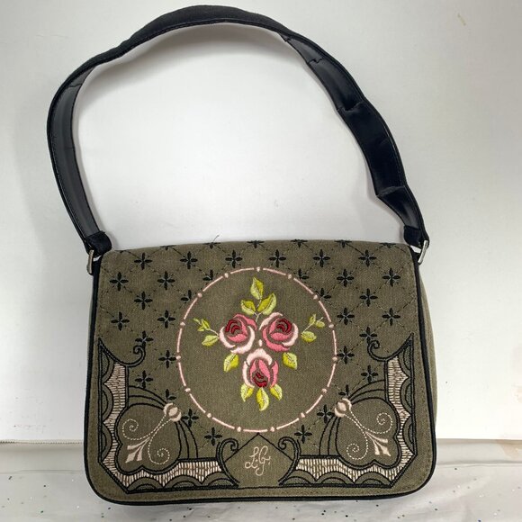 Lulu Guinness Handbags - Lulu Guinness VTG 90 Y2K Green Canvas Floral Embroidered Shoulder Bag READ FLAW!